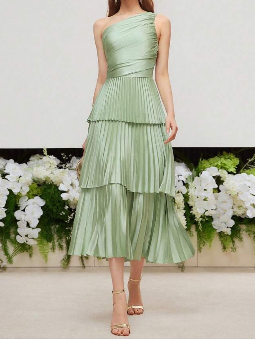 Women's One-Shoulder Pleated Tiered Midi Dress - Sage Green